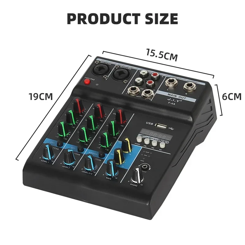 A4 사운드 믹싱 콘솔 블루투스 USB 레코드 컴퓨터 재생, 팬텀 파워 딜레이, 반복 효과, 4 채널 USB 오디오 믹서, 48V