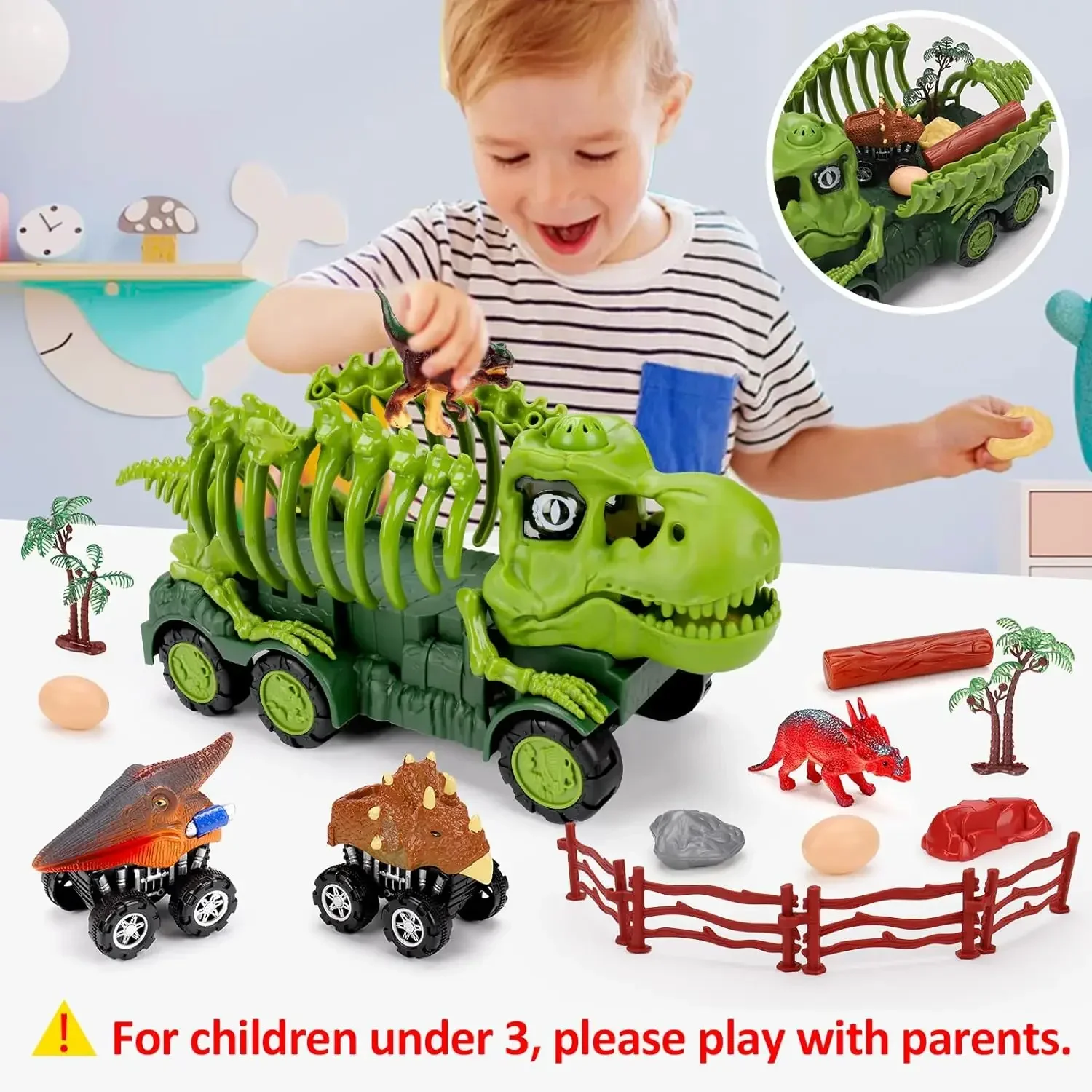 Dinosaur Trucks Toys with Sound Light for Boys Birthday Gift