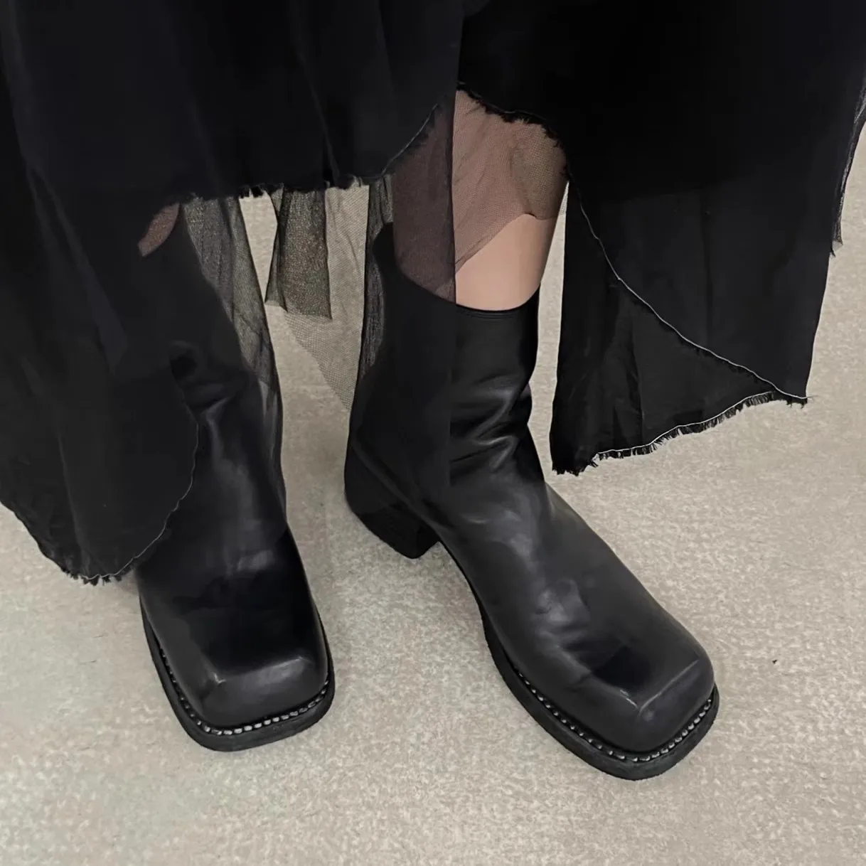 

2023 Black Leather Botas Plus Velvet Chunky Heel Ankle Boots Square Toe Women Shoes Back Zipper Party Zapatillas De Mujer Winter