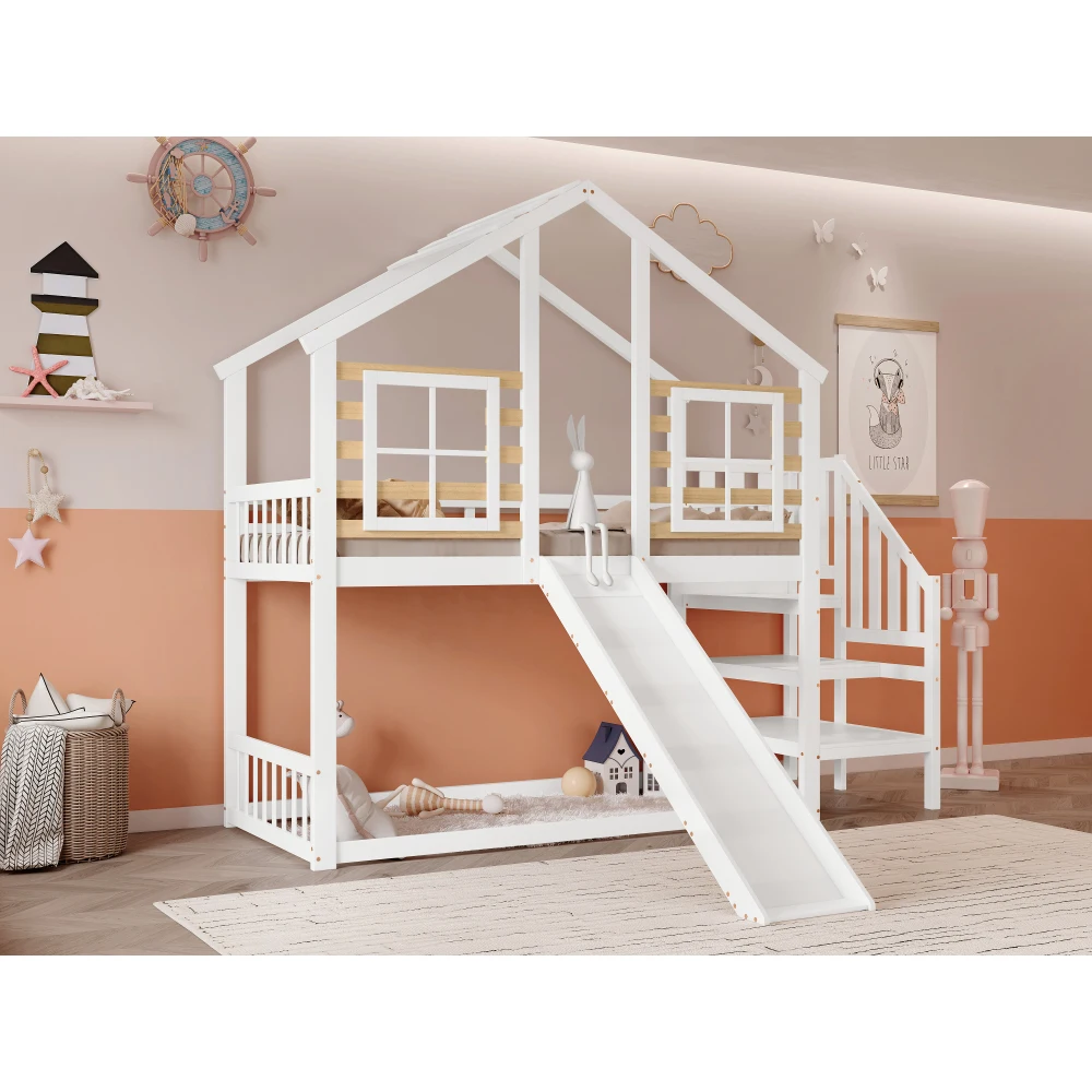 90x200cm Etagenbett, Holzbett mit Treppe und Gitter, mit Rutsche und Fenster, Holzhaus mit Absturzsicherung, Massivholzrahmen – Detail 13