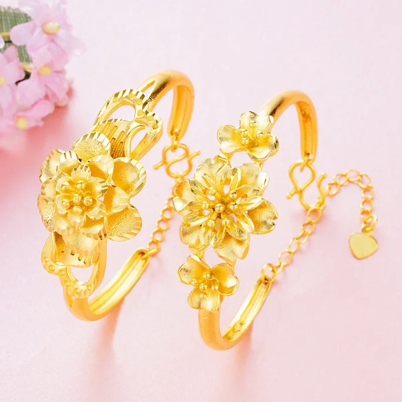 

24K Real Gold Plated Jewelry Multi-layer Flower Sandblasting Open Extended Chain Bangle Fashion All-match Bracelet Women's Gift