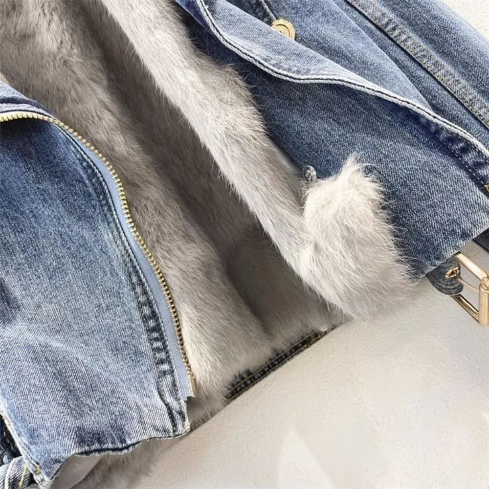 Abrigos vaqueros gruesos y cálidos desmontables para invierno, chaqueta Premium corta occidental que combina con todo, Tops ajustados de moda con retales de piel, superventas 2