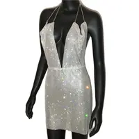 Sparkly Rhineatone Backless Mini Dress Women Sleeveless Deep V Neck Metal Chains Halter Dress Party Club Evening Dresses - Image 6