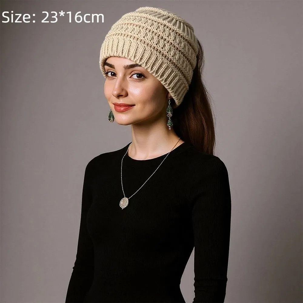 Warm Solid Color Ponytail Beanie Hat Thicken Headwear Knitted Hat Ear Protection Knitting Headband Autumn Winter Women's Hat