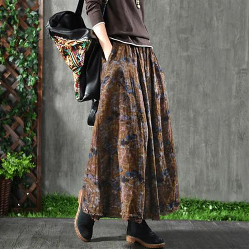 

Spring Autumn New Arts Style Women High Waist Cotton A-line Long Skirt Vintage Print Loose Maxi Skirt Female Casual Skirt S272