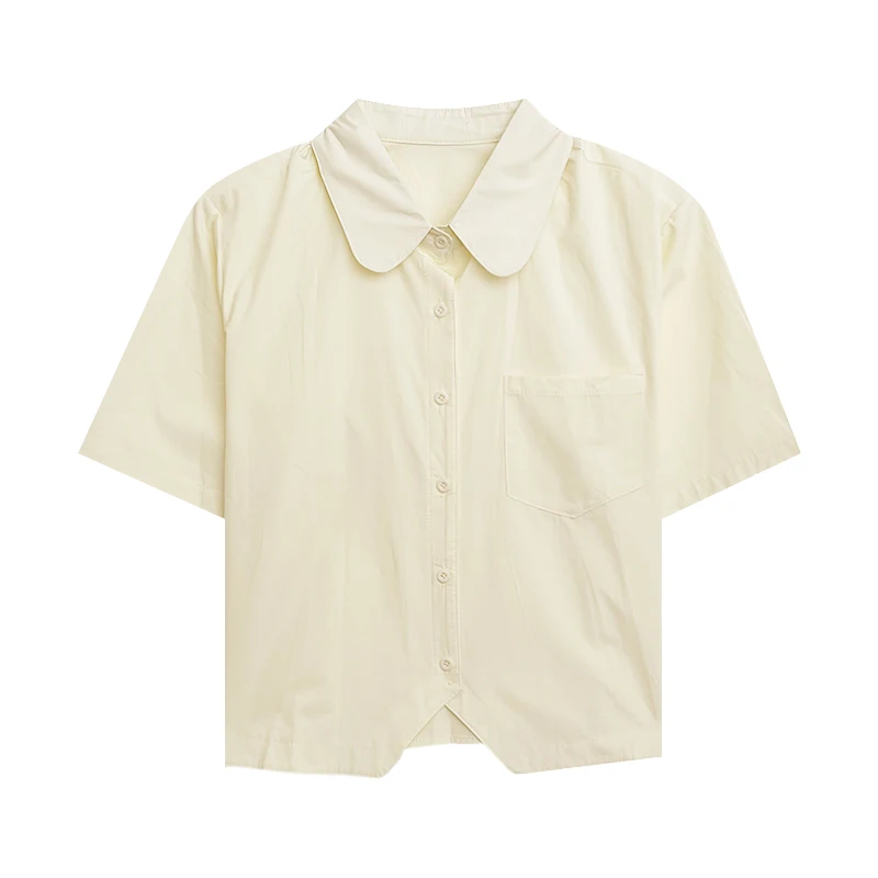 Small Fresh Solid Doll Neck Summer Single breasted Split Cotton Short Sleeve Shirt свитшот fresh cotton
