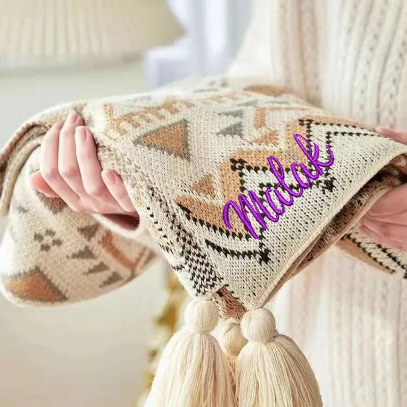 Personalized Knitted Blanket Embroidery Gift Baby Shower Baby Bed Blanket Sofa Newborn Gift Soft Cotton Knit
