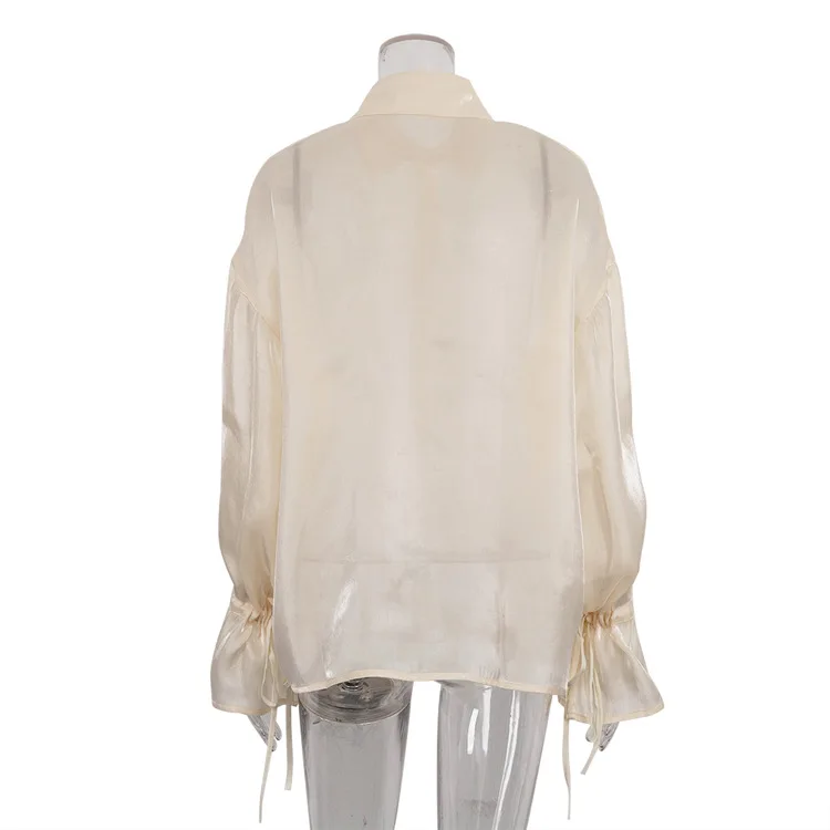Blusa informal holgada transparente con solapa y manga larga con cordones para mujer, ropa de verano 2025, con parches lisos
