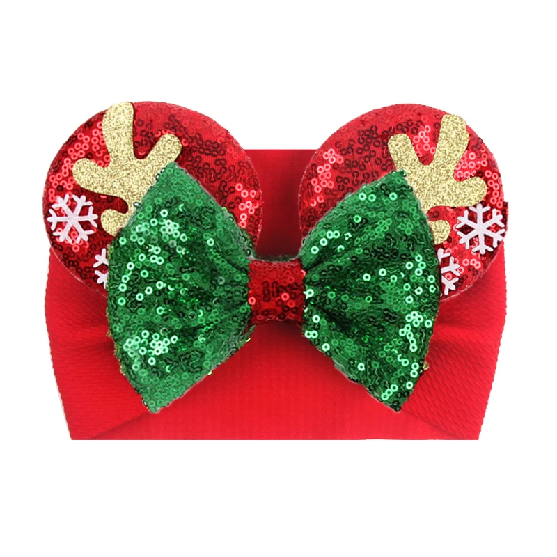 

2024 Disney Christmas Mouse Ears Headwrap For Baby Festival Sequin 5"Bow Headband Turban Birthday Party DIY Hair Accessories