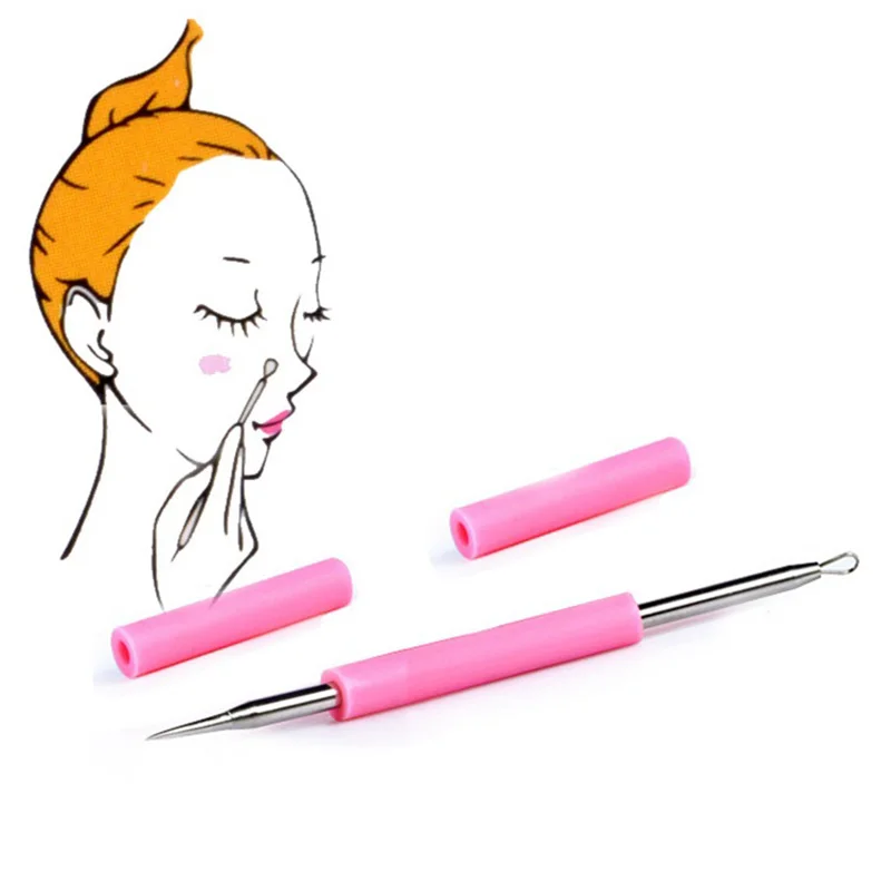 מחט הסרת פצעי אקנה מפלדת אל-חלד 2 ב-1 עם צינור סיליקון להוצאת נקבוביות שחורות, מחליק קומדון לטיפוח הפנים וניקוי העור