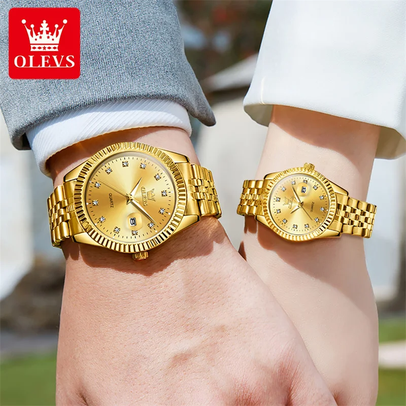 OLEVS Watch Sets For Her And Him Diamond Business Stainless Steel Male Female Wristwatches Couple Items For Lovers Relogio