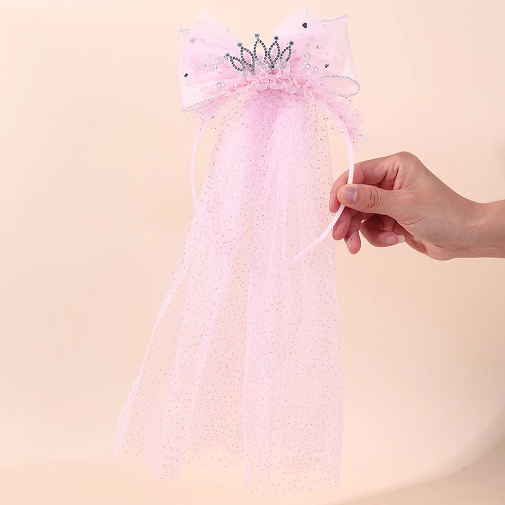 Cute Princess Wedding Veil Headband With Crown Large Meah Bow Hair Hoop Sweet Birthday Party Hair Band Costume Hair Accessories