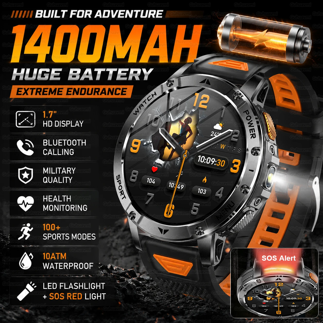 Montre connectée militaire pour hommes, grande batterie 1400mAh, 1.7 "HD, appel Bluetooth, étanche 10ATM, Flash LED, SOS, moniteur de santé, montres de Sport 1 Montre connectée militaire pour hommes, grande batterie 1400mAh, 1.7 "HD, appel Bluetooth, étanche 10ATM, Flash LED, SOS, moniteur de santé, montres de Sport 1