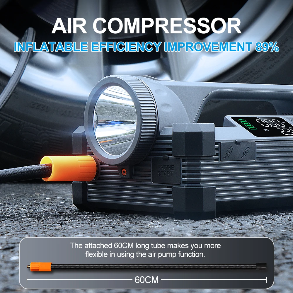 Car Jump Starter 6000A/12V with Air Compressor Tire Inflator 15W Flashlight 65W Power Bank For Car Camping