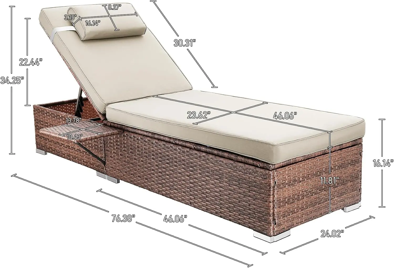 2-Pc PE Wicker Lounge Set w/Cup Holder & Adjustable Backrest, Brown Rattan for Poolside/Deck/Beach (Beige Cushions)