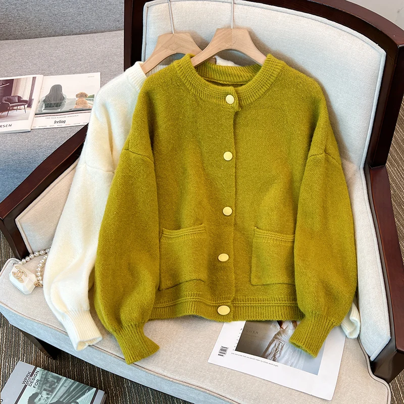

Green Beige Thick Spring Autumn Winter Knitted Vintage Cardigan Fashion Woman Elegant Women'S Sweaters 2022 Female Coats