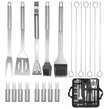 LMETJMA 20Pcs BBQ Grill Tools Set Stainless Steel Heavy Duty Grilling Accessories Kit Grill Utensils Set with Canvas Bag JT49 1