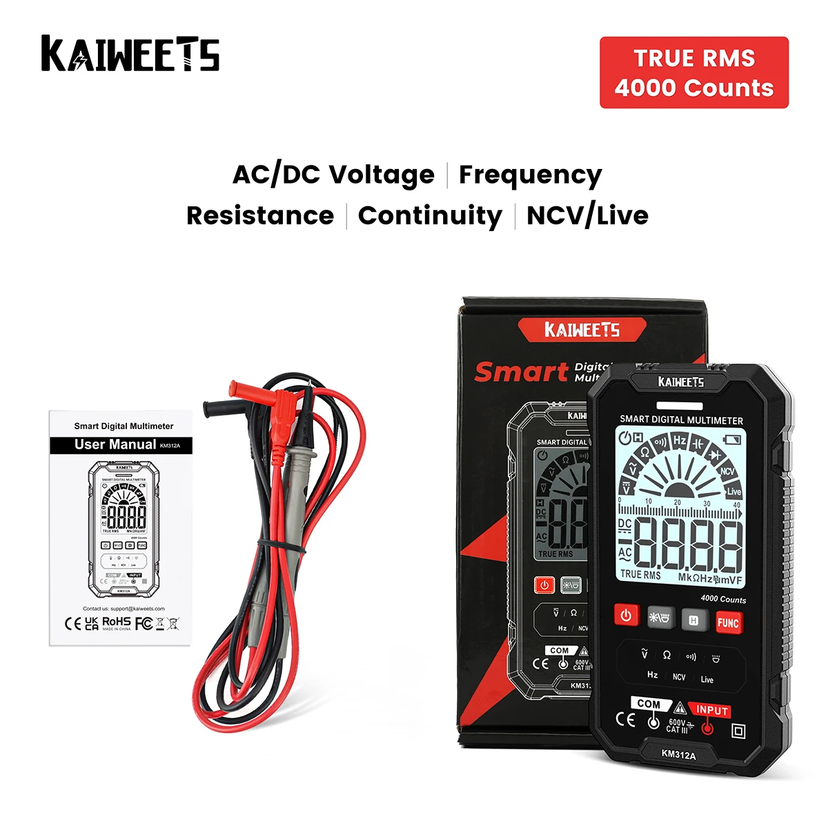 Multimètre numérique KAIWEETS KM601 à 9999 comptes, 1000v, 10a, testeur de  capacité Ohm Hz, True RMS AC DC DMM –