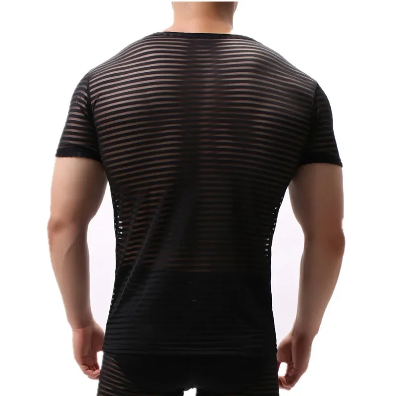 Men Undershirts Mesh Striped Transparent Tops Tee camiseta interior hombre Casual Muscle Bodybuilding Fitness T-shirt Underwear
