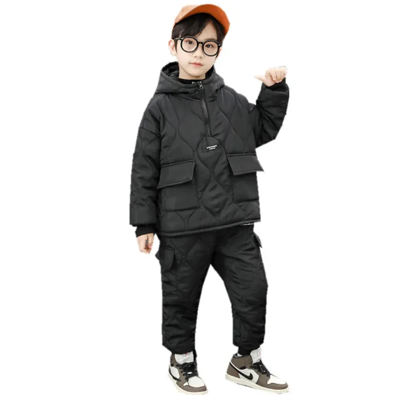 

Children Winter Clothing Sets for Toddler Boys Pockets Hooded Tops+Pants Thick Two Pieces Baby Solid Color Outfits 2-13Years Old