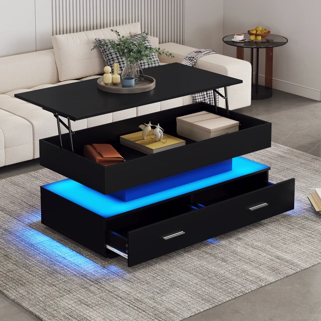 Table basse hydraulique, avec éclairage LED, contrôle par application Bluetooth, 2 tiroirs et rangement ouvert, table basse relevable, 100*50*44 cm 1