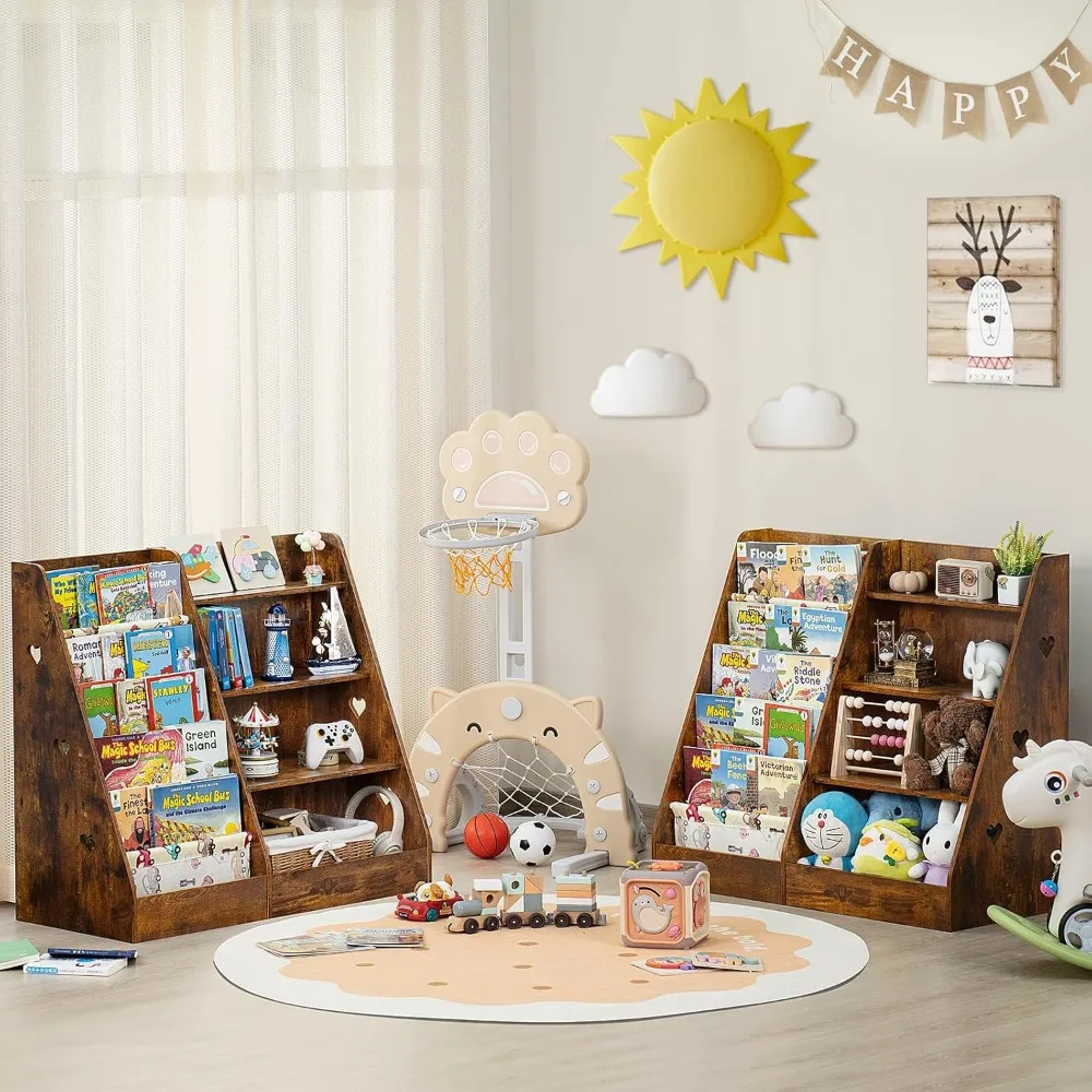 Kids Bookshelf and Storage Organizer,Sling Children Bookcase,Baby Toddler Wooden Book Shelf,Display Cabinet for Playroom,Bedroom 4