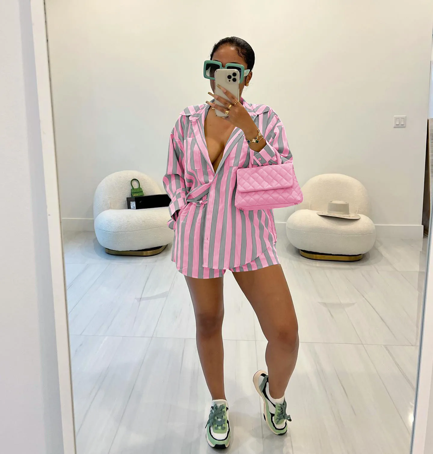 

Stylish Women's Set Striped Patchwork Long Sleeve Shirt And Striped Shorts Stretch Lady's Set Casual Lady's 2 Piece Set