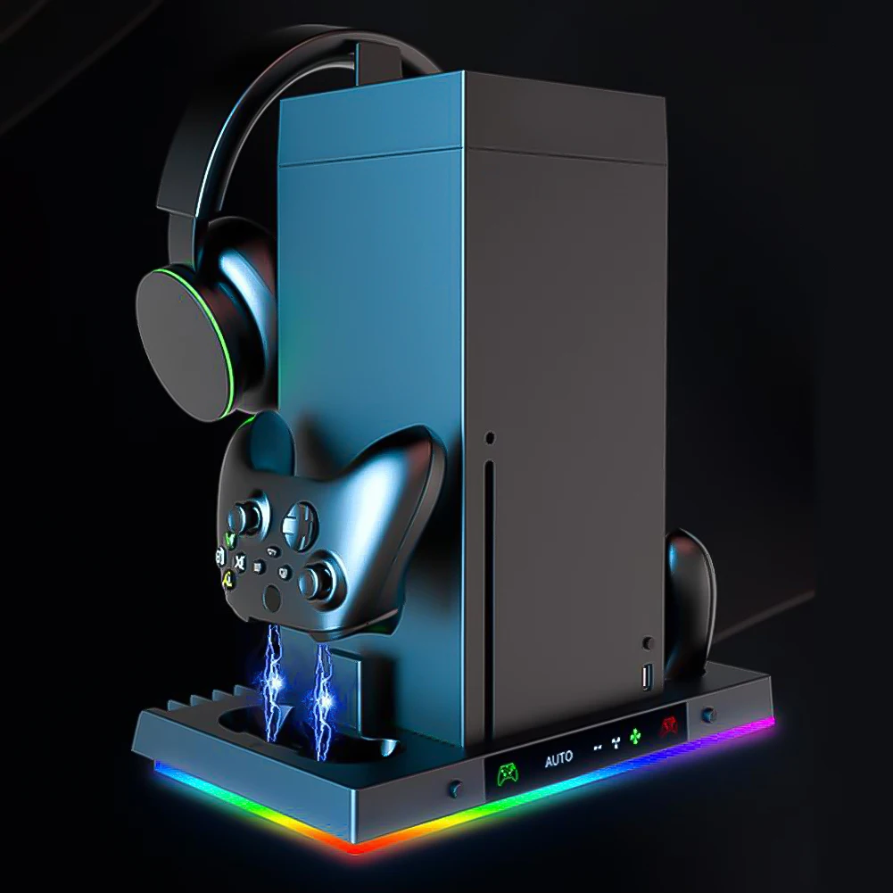 헤드폰 스탠드가 있는 RGB 충전 도크 3단계 팬이 있는 게임 컨트롤러 핸들 충전기 Xbox 시리즈 X용 게임패드 충전 시트