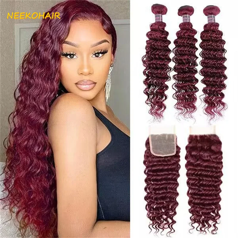 

Burgundy Colored 3 Bundles With 13x4 Frontal Weave Deep Wave Remy 100% Brazilian Human Hair 99J 3 Bundles With 4X4 Closure