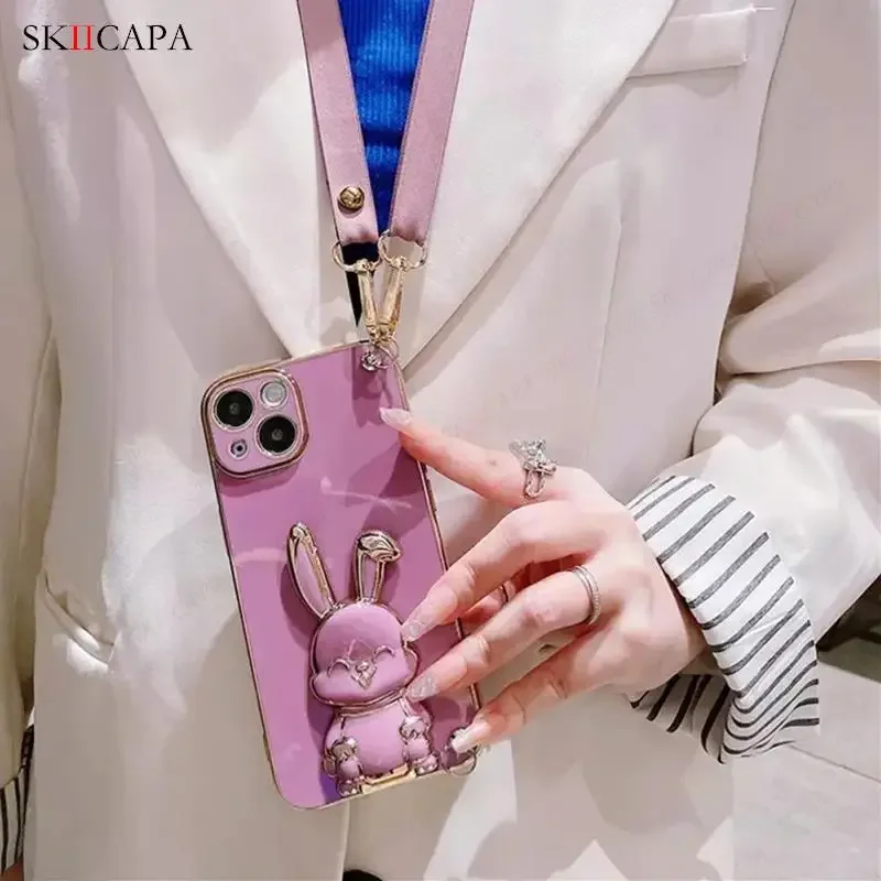 Plating Silicone Crossbody Lanyard Phone Case with Rabbit Holder