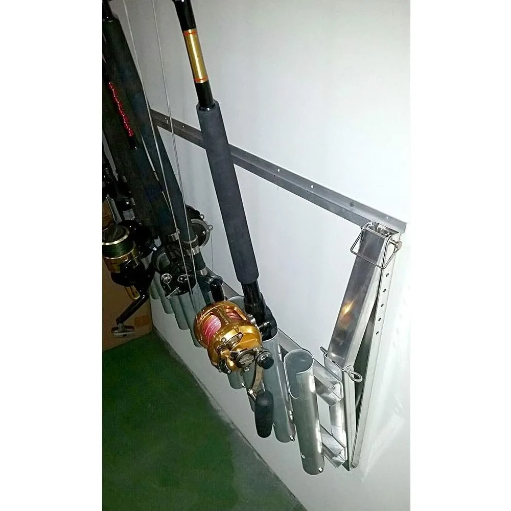 VFR004 10 Rod Wall Mounted Aluminum Steel Vertical Fishing Rod and Reel Holder Rack with Adjustable Installation