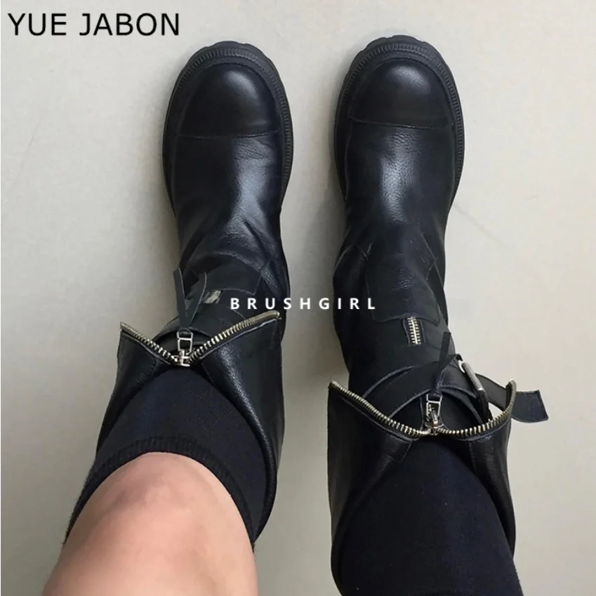 

Genuine Leather Women Boots Winter Buckle Strap Woman Shoe Fashion Female Chunky Heel Cowhide Booties Front Zipper Black Boots