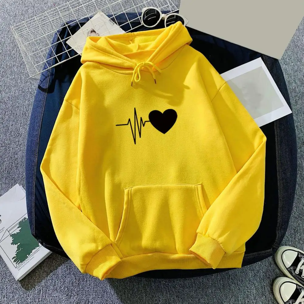 

Women Loose Hoodie Cozy Heart Print Unisex Hoodie with Drawstring Big Patch Pocket for Fall Winter Warm Plush Pullover