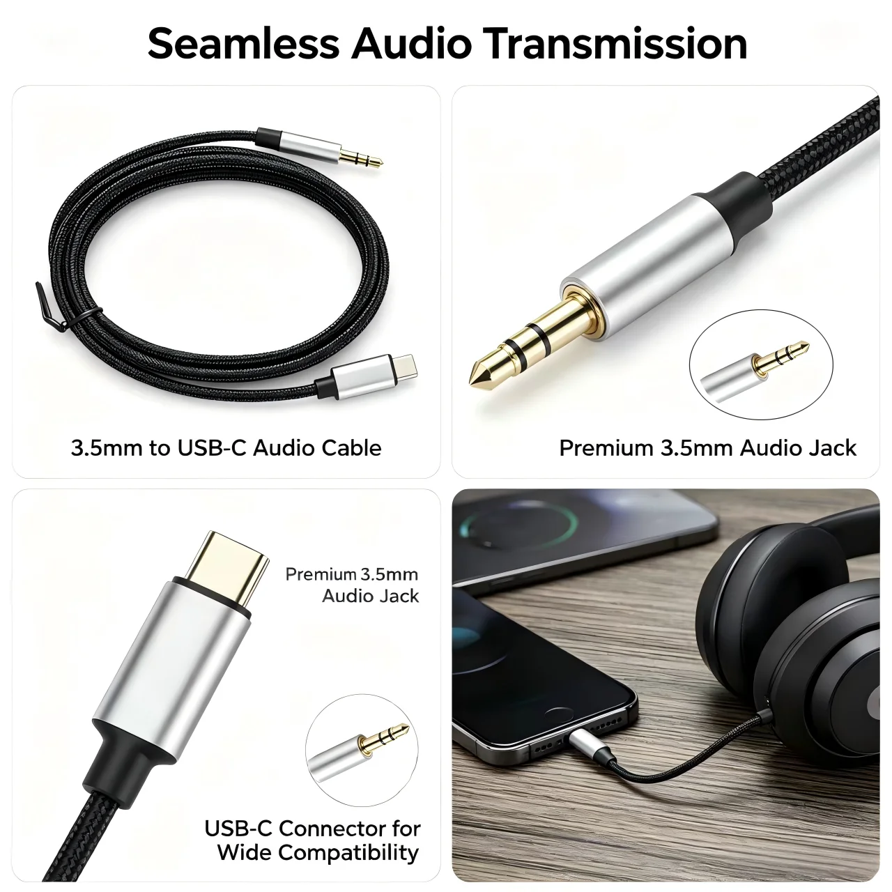 Premium USB-C to 3.5mm Audio Adapter – High-Fidelity AUX Cord for Car Speakers & Headphones