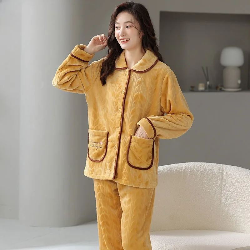 Flannel Pajamas Autumn Winter Women Cardigan Loose Velvet Thickened Homewear Female Warm Large Size Coral Fleece Sleepwear Sets