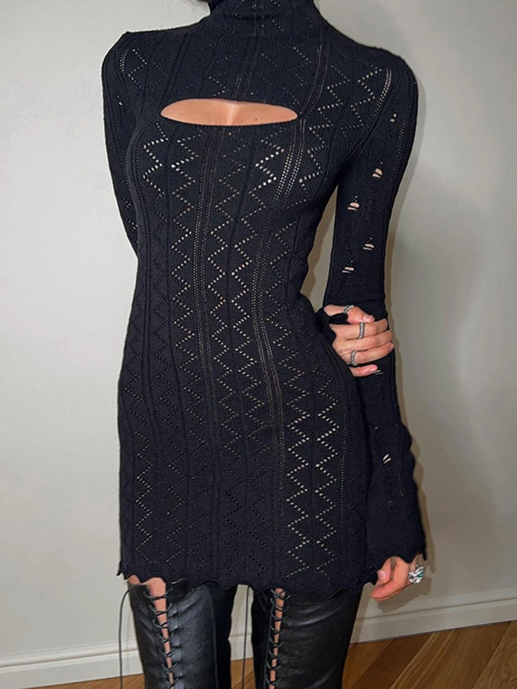 ByeMyLove Knit Dress Knit dresses for women Crochet Dress Tear Long Sleeve Hollow Out High Neck Cut out Turtleneck Knitwear Slim 5