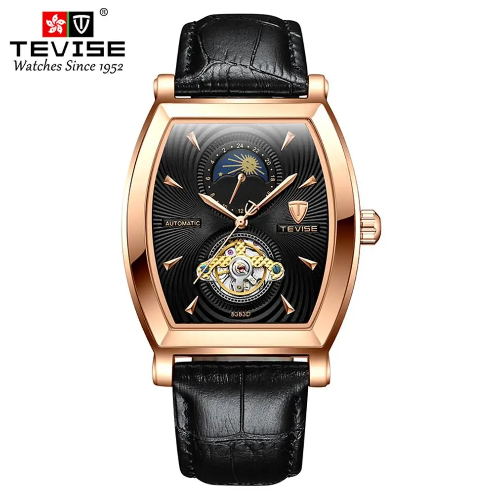 

TEVISE Automatic Mechanical watch for man Leather waterproof wristwatch Business&Fashion Tourbillon