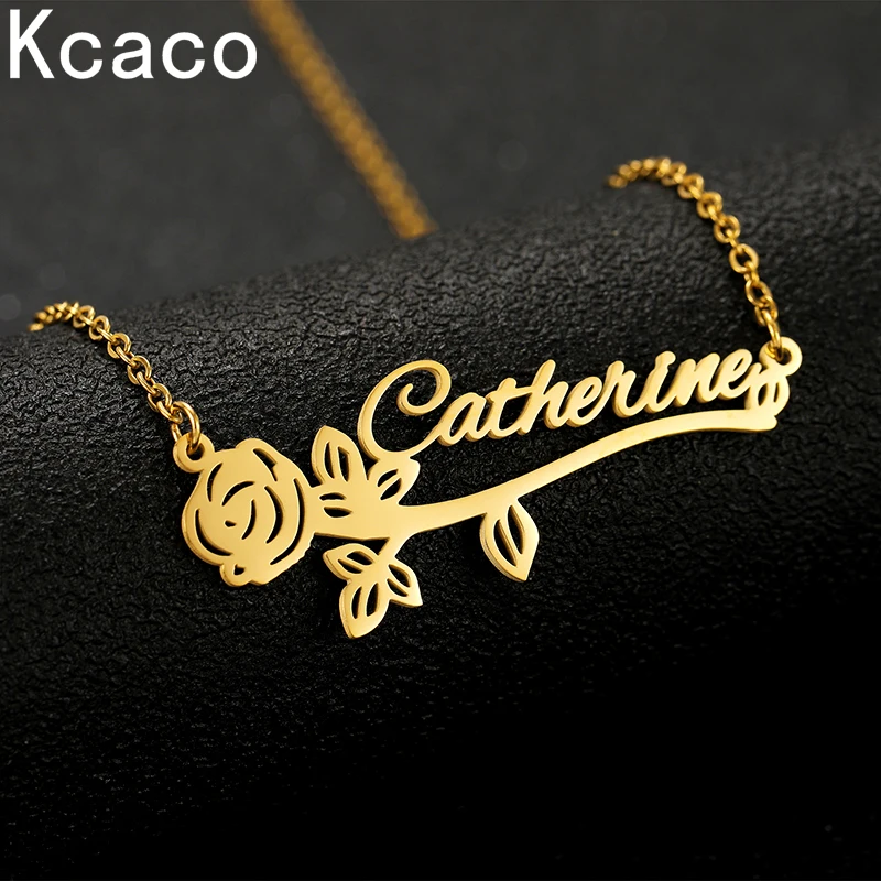 Custom Name Rose Necklaces for Women Gold Plated Nameplate Pendant with Flower Customized Letters Choker Jewelry Girl Gifts