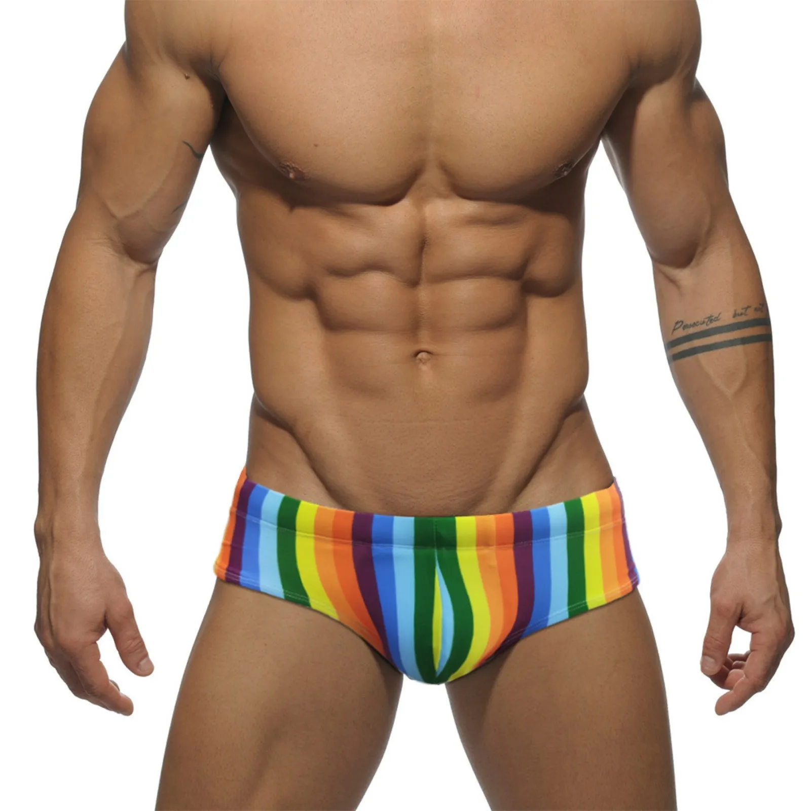 

Mens Swim Trunks Youth Stylish Rainbow Striped Print Swimsuit Low Waist Skinny Shorts With Compression Liner Aloha Surfing Wear