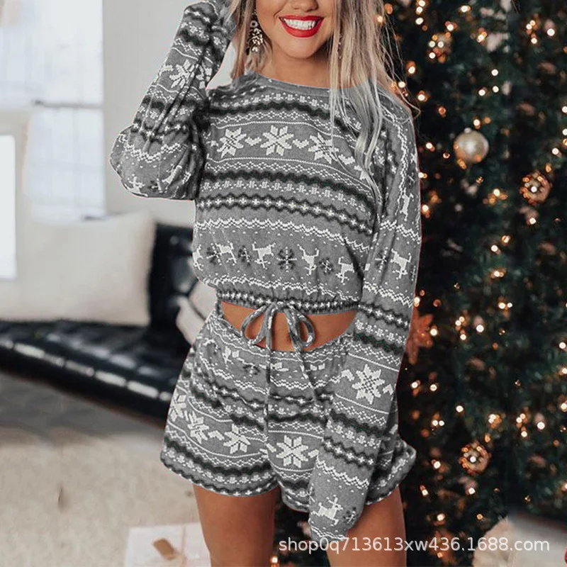 

2023 Autumn/Winter New European and American Christmas Popular Print Long Sleeve Casual Home Set Pajamas for Women