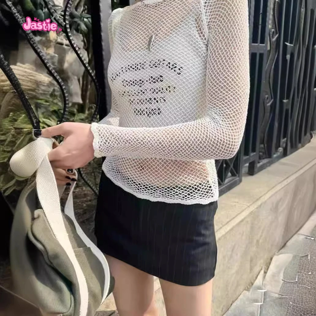 

Женская ажурная футболка с длинным рукавом, привлекательная Прозрачная облегающая футболка с воротником-лодочкой, винтажная уличная одежда, футболки, шикарный топ Y2k, лето 2024