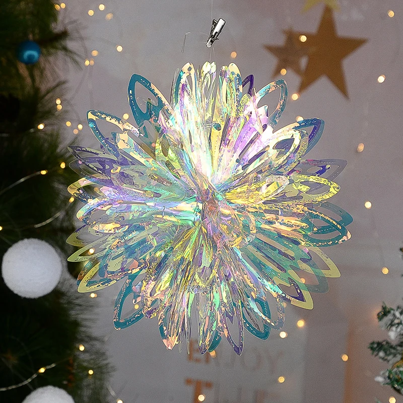 Rainbow Film Colorful Christmas Pendant Snowflake Honeycomb Xmas Tree Hanging Ornament Christmas Decor for Home New Year Navidad