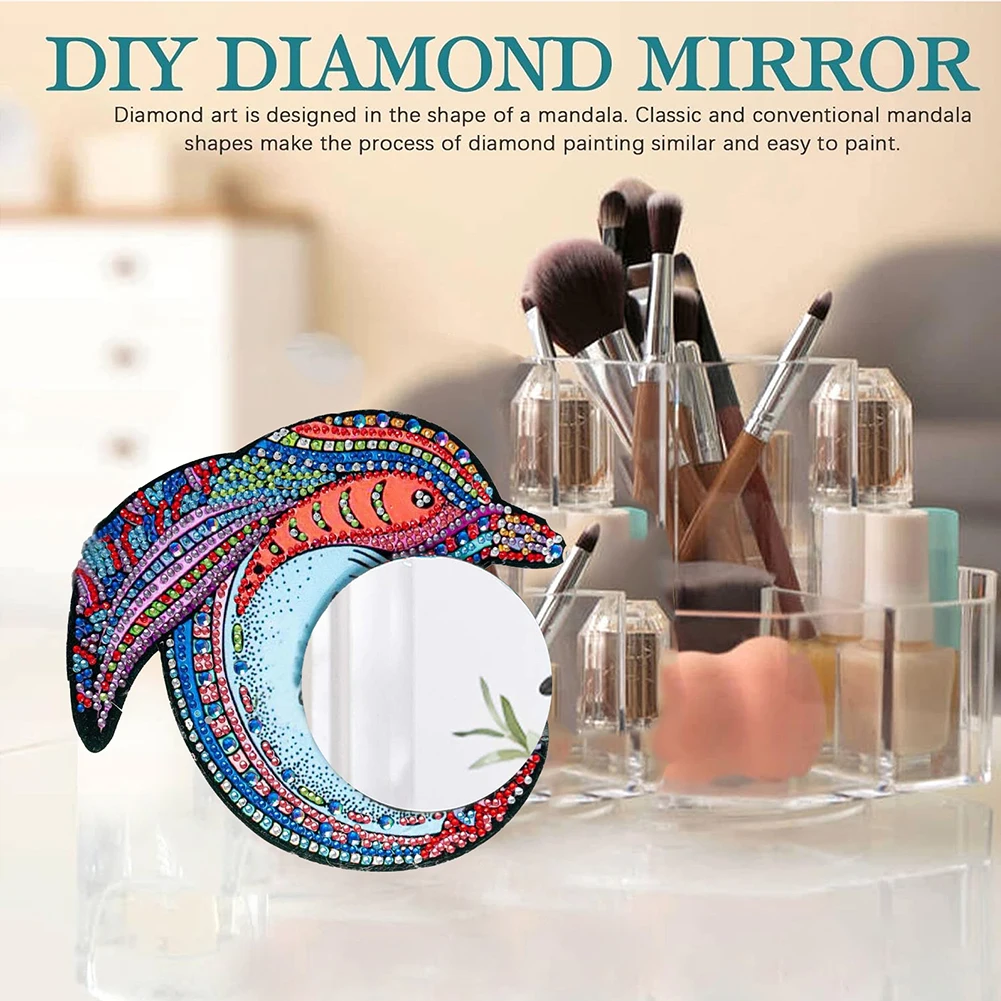Special Shaped Diamond Painting Makeup Mirror Kit Dolphin Art Rhinestone Makeup Mirror Crystal Diamond Mirror Home Wall Decor