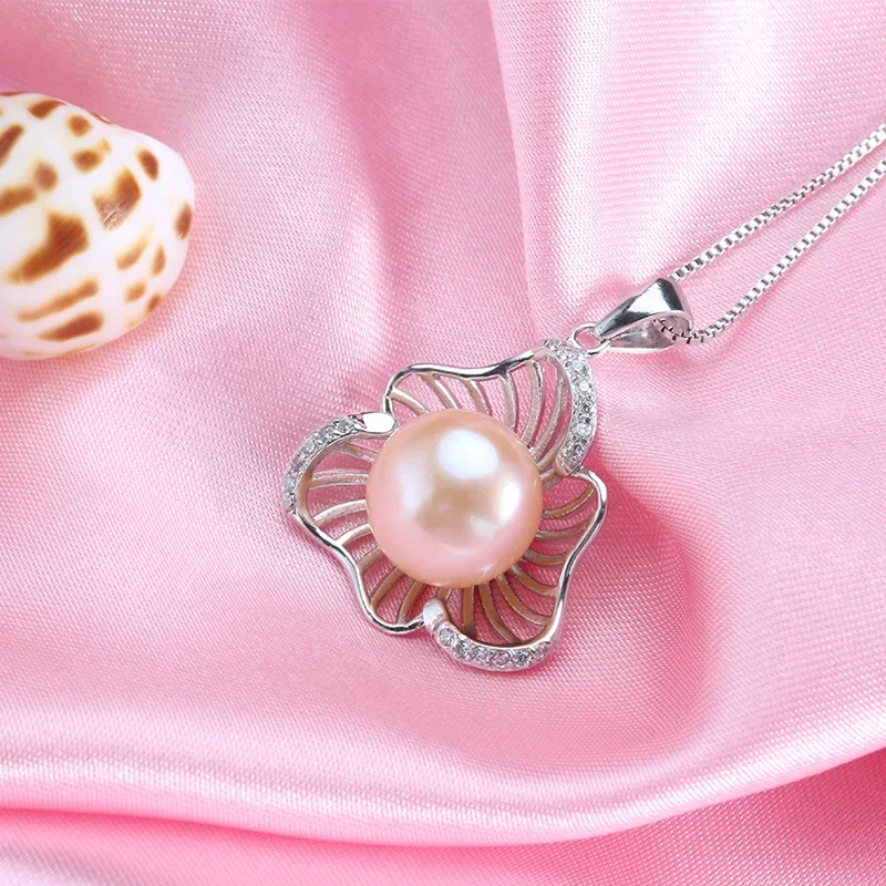 925 Sterling Silver Lotus Leaf Pendant Necklaces for Women 8-9mm Bread Round Natural Freshwater Pearl Necklaces Jewelry Gift