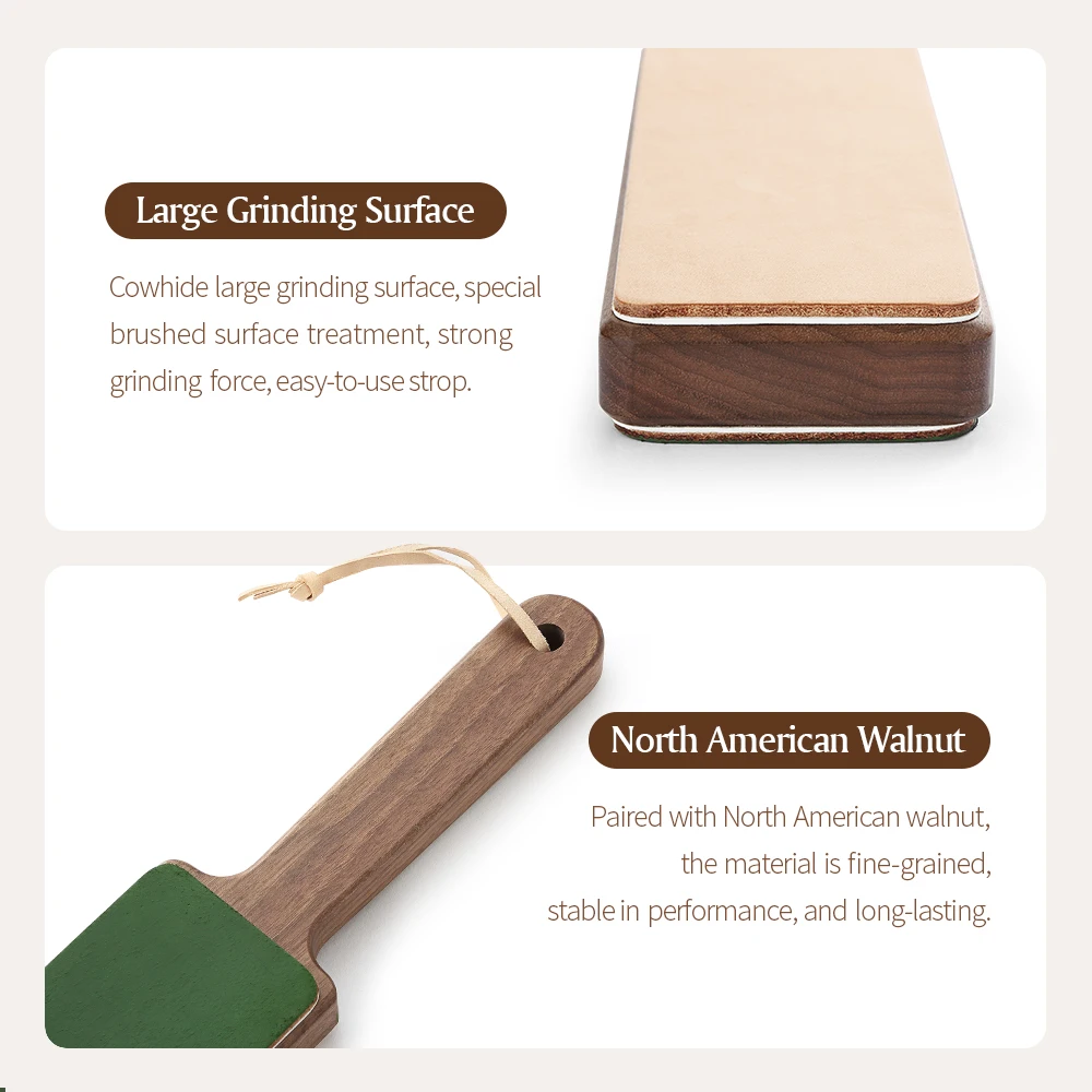 XINZUO 양면 가죽 숫돌, 야채 무두질 소가죽 나무 손잡이, 광택제 가죽 손잡이, 칼용 블록, 1 개