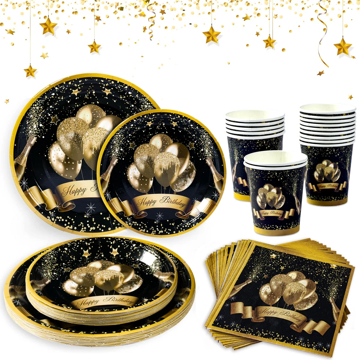 Black gold Party Disposable Tableware Set Paper Cups Plates Straws Cake Stand Table Decoration Adult Birthday Party Supplies