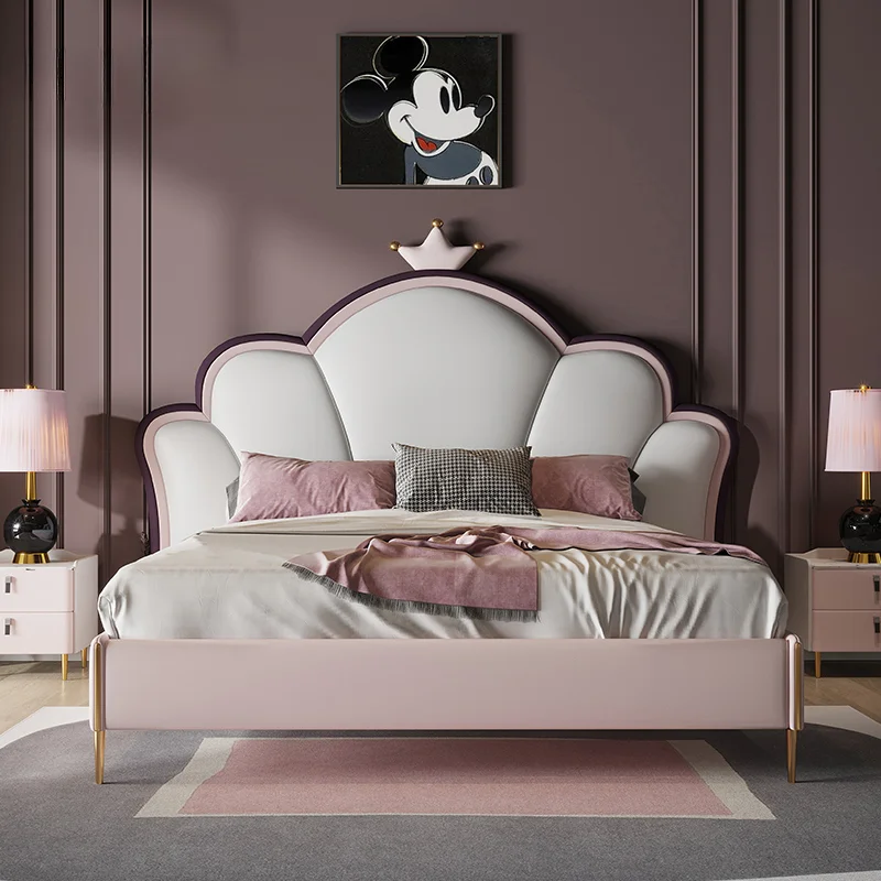 

Simple Leather Children Beds Girl Pink Cloud Princess Small Apartment Single Children Bed High Foot Kinderbett Bedroom Furniture