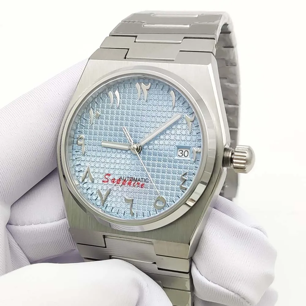 40MM Arabic Blue Dial Mens Watch Automatic Sapphire Wristwatch NH35 Movement Date Steel Strap Waterproof Automatic Watch Men 4