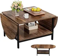 Coffee Table 2-Tier Small Folding Coffee Tables with Storage Table Vintage Extended Table with Two Foldable Panel 1