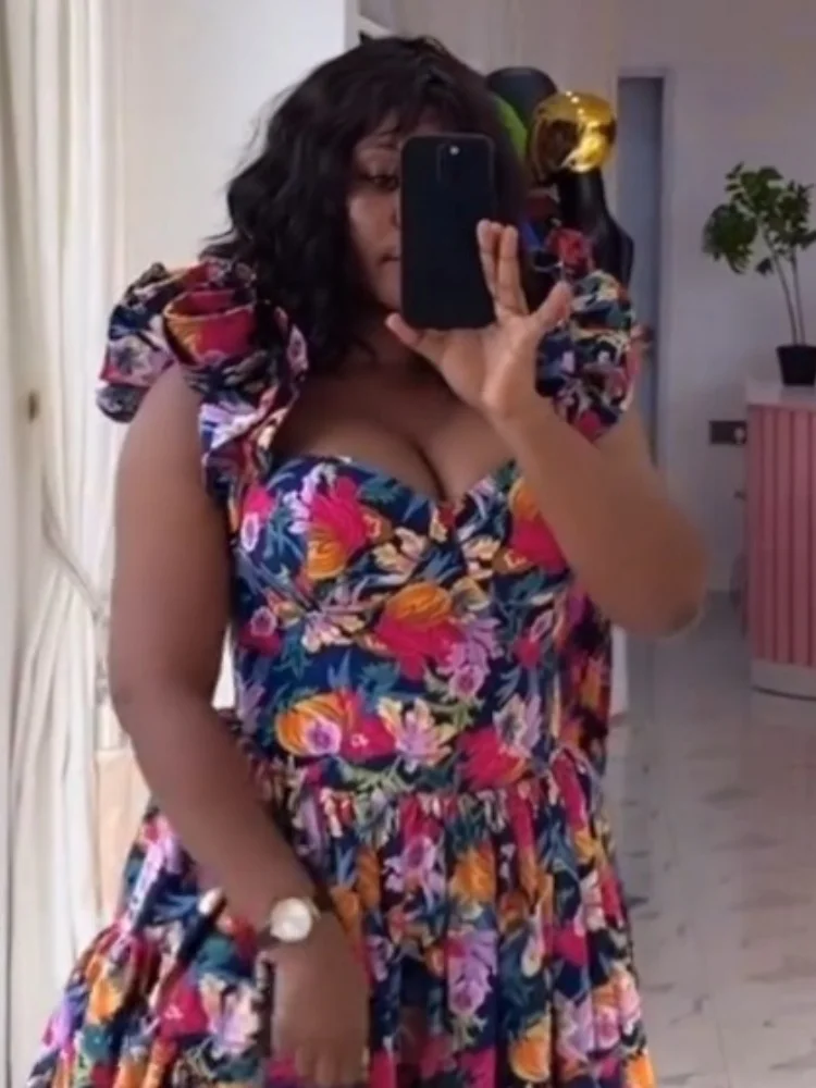 Wmstar Dresses for Women Wholesale 2025 Women's Fashion V Neck Printed High Waist Flowered Sleeve Irregular Dress Drop Shopping